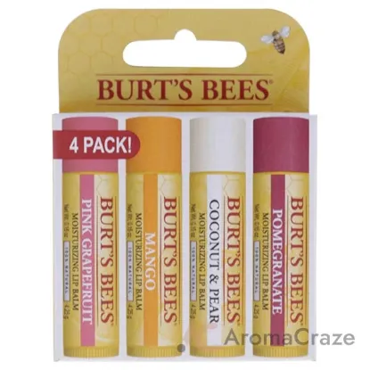 Picture of Superfruit Moisturizing Lip Balm Pack by Burts Bees for Unisex - 4 Pc 0.15oz Pomegranate Lip Balm, 0.15oz Coconut and Pear Lip Balm, 0.15oz Mango Lip Balm, 0.15oz Pink Grapefruit Lip Balm
