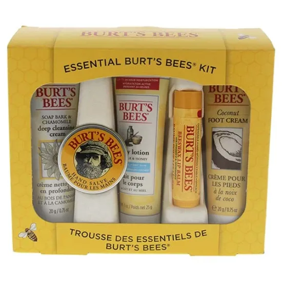 Picture of Essential Burts Bees Kit by Burts Bees for Women - 5 Pc Kit 1oz Body Lotion with Milk & Honey, 0.3oz Hand Salve, 0.75oz Soap Bark & Chamomile Deep Cleansing Cream, 0.75oz Coconut Foot Cream, 0.15oz Beeswax Lip Balm with Vitamin E & Peppermint