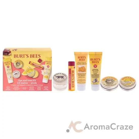 Picture of Tips and Toes Kit by Burts Bees for Women - 6 Pc Kit 0.3oz Hand Salve, 0.25oz Almond and Milk Hand Cream, 0.3oz Lemon Butter Cuticle Cream, 0.75oz Coconut Foot Cream, 0.75oz Honey and Grapeseed Hand Cream, 0.15oz Pomegranate Moisturizing Lip Balm