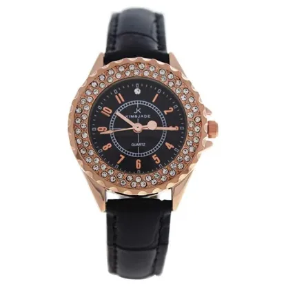 Picture of 2033L-GPBLBL Rose Gold/Black Leather Strap Watch by Kim & Jade for Women - 1 Pc Watch