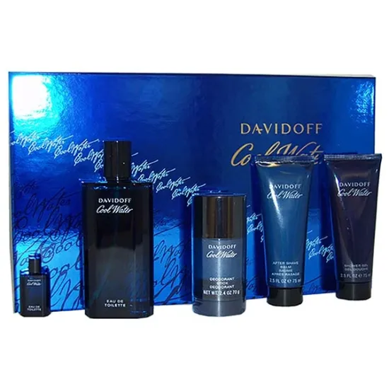 Picture of Cool Water by Davidoff for Men - 5 Pc Gift Set 4.2oz EDT Spray, 2.5oz After Shave Balm, 2.5oz Shower Gel, 2.4oz Deodorant Stick, 5ml Mini EDT Splash