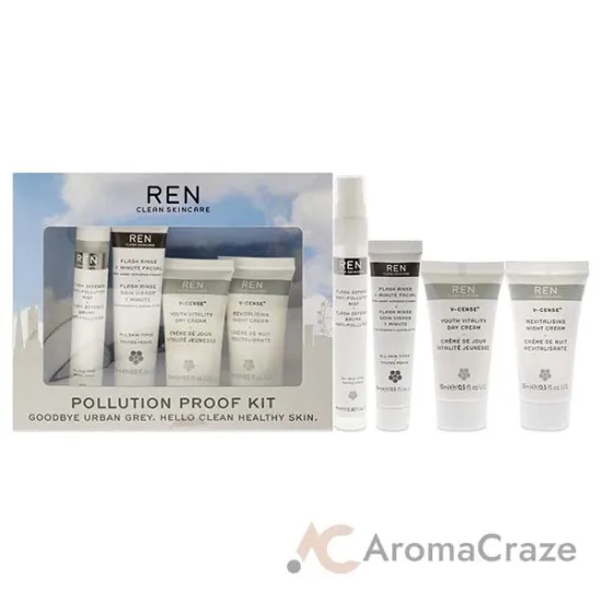 Picture of Pollution Proof Kit by REN for Unisex - 4 Pc 0.5oz Flash Rinse 1 Minute Facial, 0.5oz V-Cense Youth Vitality Day Cream,0.5oz V-Cense Revitalising Night Cream, 0.30oz Flash Defense Anti-Pollution Mist