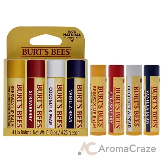 Picture of Best Of Burts Moisturizing Lip Balm Set by Burts Bees for Unisex - 4 Pc 0.15oz Lip Balm Beeswax, 0.15oz Lip Balm Strawberry, 0.15oz Lip Balm Coconut and Pear, 0.15oz Lip Balm Vanilla Bean