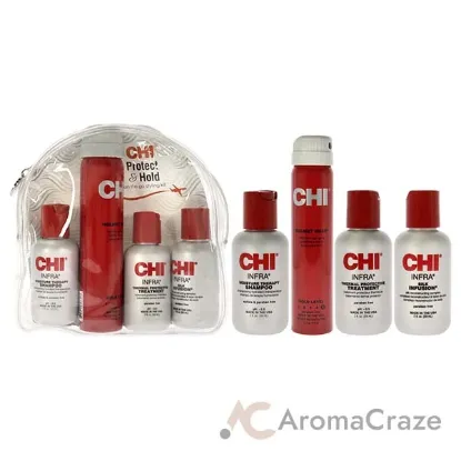 Picture of Protect And Hold On The Go Styling Kit by CHI for Unisex - 4 Pc 2oz Infra Shampoo, 2oz Infra Treatment, 2.6oz Helmet Head Hair Spray, 2oz Silk Infusion
