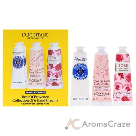 Picture of Lovelier Hands Kit by LOccitane for Unisex - 6 Pc 2 x 1oz Hand Cream - Rose, 2 x 1oz Hand Cream - Shea Dry Skin, 2 x 1oz Hand Cream - Cherry Blossom