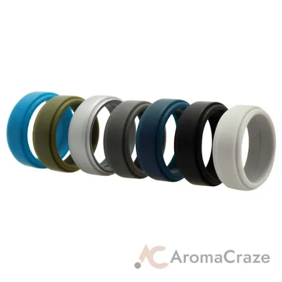 Picture of Silicone Wedding Ring - Step Edge Style Set by ROQ for Men - 7 x 8 mm Black, Grey, Light Grey, Silver, Blue, Navy Blue, Olive Green