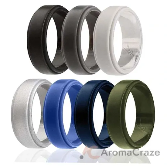 Picture of Silicone Wedding Ring - Step Edge Style Set by ROQ for Men - 7 x 13 mm Black, Grey, Light Grey, Silver, Blue, Navy Blue, Olive Green
