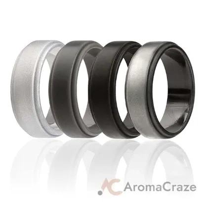 Picture of Silicone Wedding Ring - Step Edge Style Set by ROQ for Men - 4 x 10 mm Beveled Metalic Platinum, Black, Grey, Silver