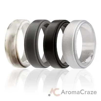 Picture of Silicone Wedding Ring - Step Edge Style Set by ROQ for Men - 4 x7 mm Marble, Black, Grey, Silver