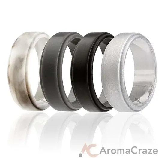 Picture of Silicone Wedding Ring - Step Edge Style Set by ROQ for Men - 4 x7 mm Marble, Black, Grey, Silver