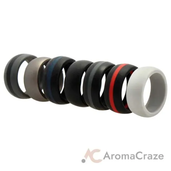 Picture of Silicone Wedding Ring - Dome Style with Middle Line Set by ROQ for Men - 7 x 7 mm Light Grey, Platinum, Black, Black with Thin Red Line, Black with Thin Blue Line, Grey with Black Line, Black with Grey Line