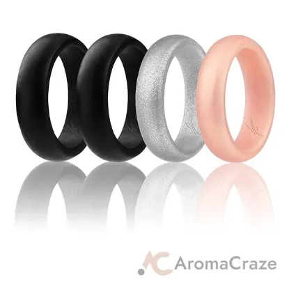 Picture of Silicone Wedding Ring - Dome Style Set by ROQ for Women - 4 x 9 mm Rose Gold, Black, Silver