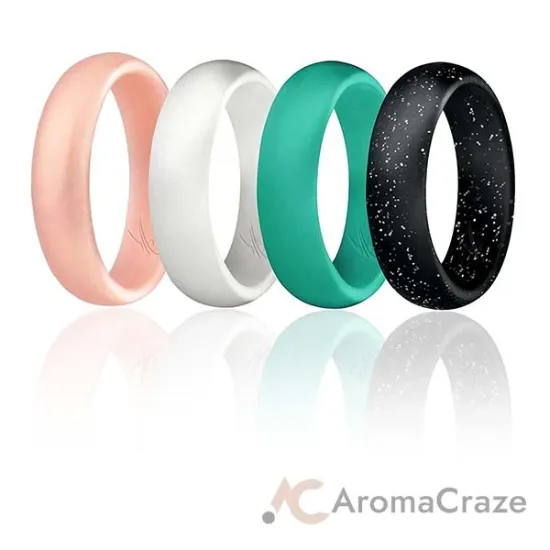 Picture of Silicone Wedding Ring - Dome Style Set by ROQ for Women - 4 x 10 mm Turquoise, Rose Gold, White, Black with Glitter Silver