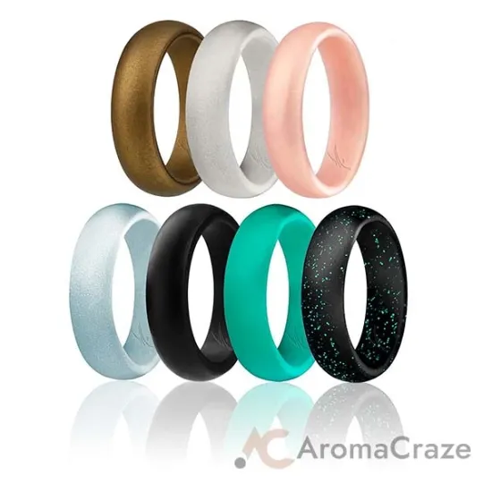 Picture of Silicone Wedding Ring - Dome Style Set by ROQ for Women - 7 x 9 mm Bronze, Ivory White, Rose Gold, Silver, Black, Turquoise, Black with Glitter Turquoise