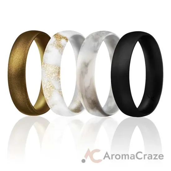 Picture of Silicone Wedding Ring - Dome Style Thin Comfort Fit Set by ROQ for Women - 11 mm Marble White with Black, Marble White with Metal Bronze, Black, Metal Bronze