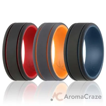 Picture of Silicone Wedding 2Layer Lines Ring Set - Grey-Black by ROQ for Men - 3 x 7 mm Ring