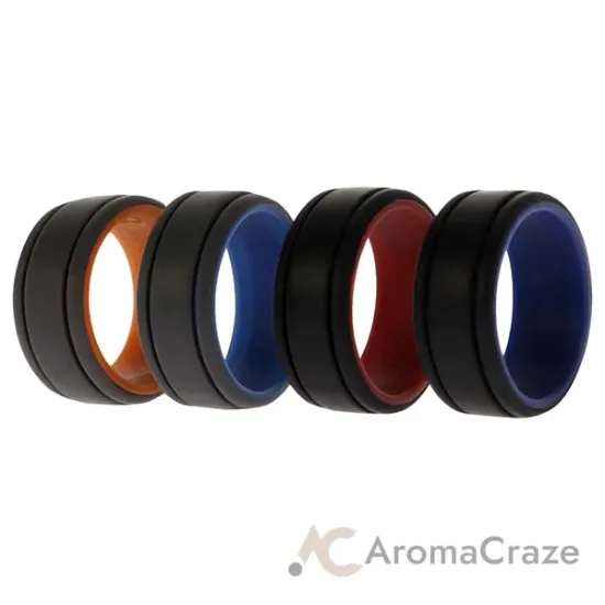 Picture of Silicone Wedding 2Layer Lines Ring Set - Grey-Black by ROQ for Men - 4 x 8 mm Ring
