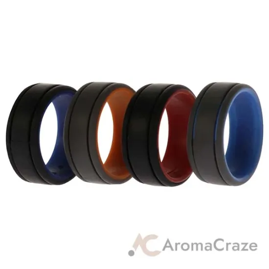 Picture of Silicone Wedding 2Layer Lines Ring Set - Grey-Black by ROQ for Men - 4 x 9 mm Ring