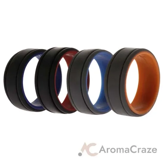 Picture of Silicone Wedding 2Layer Lines Ring Set - Grey-Black by ROQ for Men - 4 x 10 mm Ring