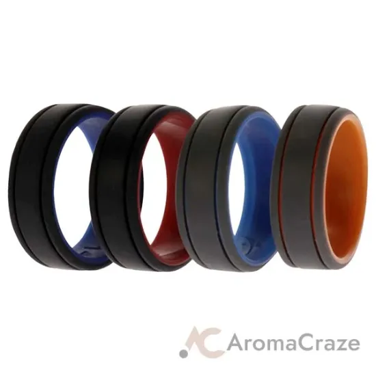 Picture of Silicone Wedding 2Layer Lines Ring Set - Grey-Black by ROQ for Men - 4 x 14 mm Ring
