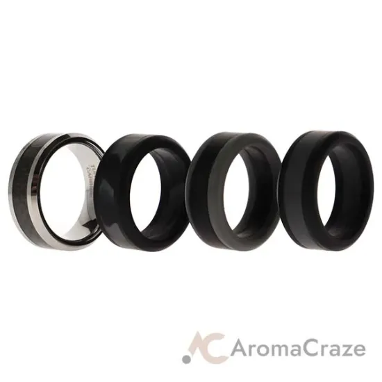 Picture of Silicone Wedding Twin Carbon Ring Set - Black-Grey by ROQ for Men - 4 x 8 mm Ring