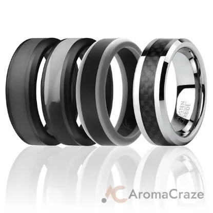 Picture of Silicone Wedding Twin Carbon Ring Set - Black-Grey by ROQ for Men - 4 x 11 mm Ring