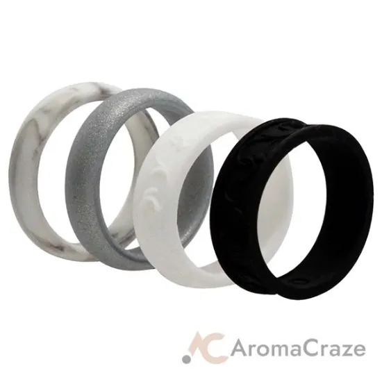 Picture of Silicone Wedding Flower Ring Set - Black-White by ROQ for Women - 4 x 10 mm Ring