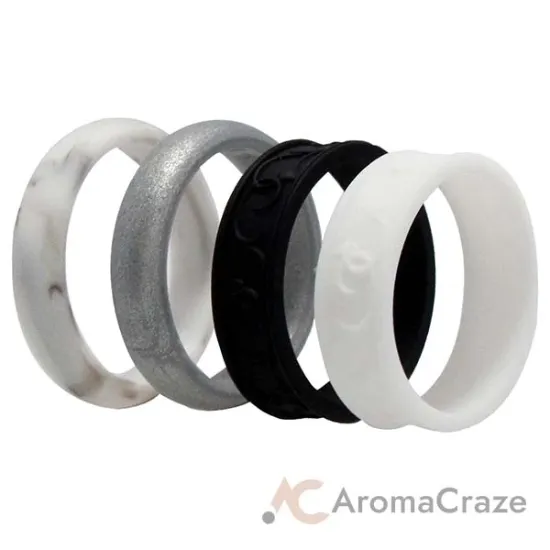Picture of Silicone Wedding Flower Ring Set - Black-White by ROQ for Women - 4 x 11 mm Ring
