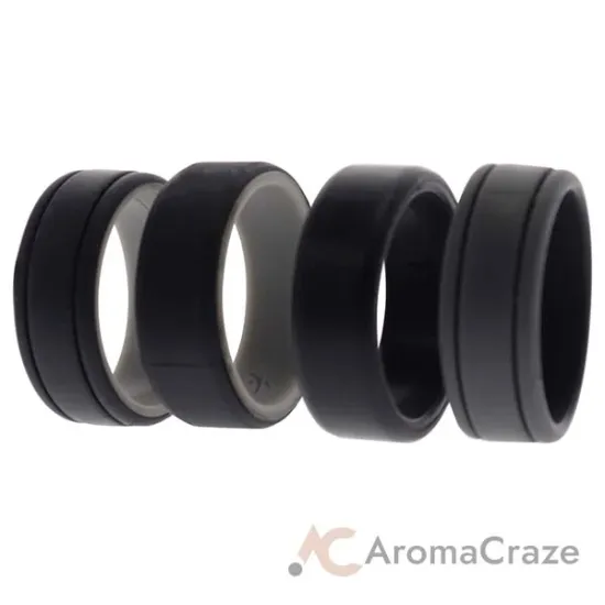 Picture of Silicone Wedding 2Layer Lines Ring Set - Black by ROQ for Men - 4 x 11 mm Ring