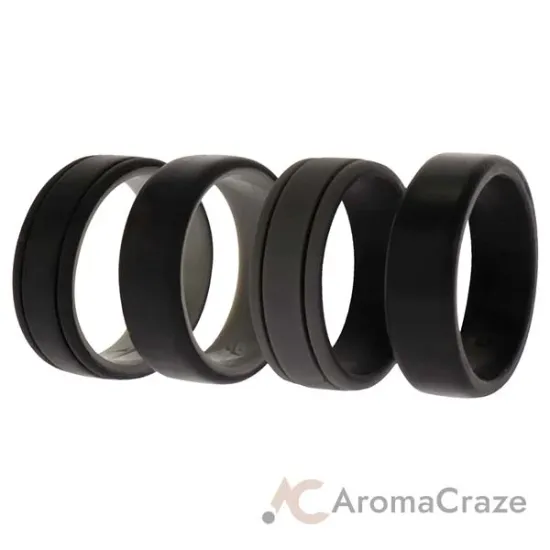 Picture of Silicone Wedding 2Layer Lines Ring Set - Black by ROQ for Men - 4 x 15 mm Ring