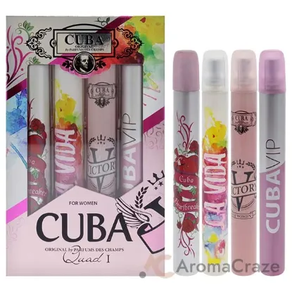 Picture of Cuba Quad I by Cuba for Women - 4 Pc Gift Set 1.17oz Cuba Heartbreak EDP Spray, 1.17oz Cuba La Vida EDP Spray, 1.17oz Cuba Victory EDP Spray, 1.17oz Cuba VIP EDP Spray