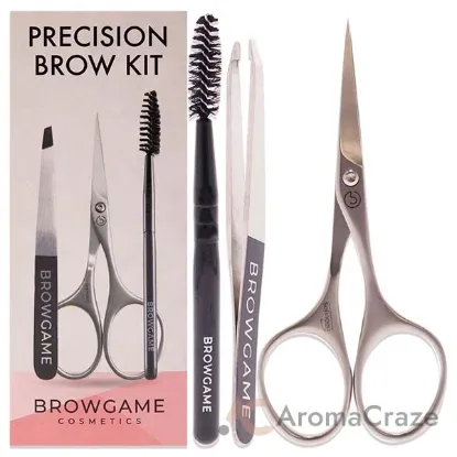 Picture of Precision Brow Kit by Browgame for Women - 3 Pc Original Slant Tweezer, Eyebrow Scissor, Spoolie Brush