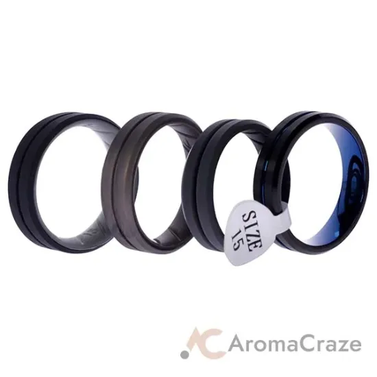 Picture of Silicone Wedding Ring BR Twin Middle Line Wedding Ring Set by ROQ for Men - 4 x 15 mm Bronzer, Black-Blue, Black, Grey