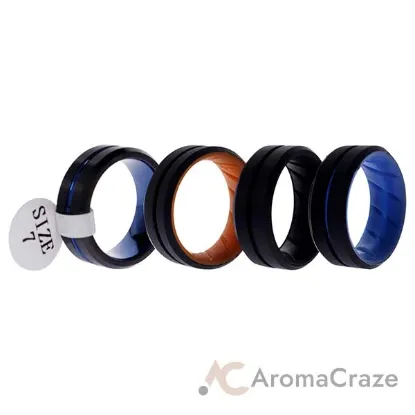 Picture of Silicone Wedding Ring Middle Line Set by ROQ for Men - 4 x 7 mm Black, Orange, Light Blue, Blue