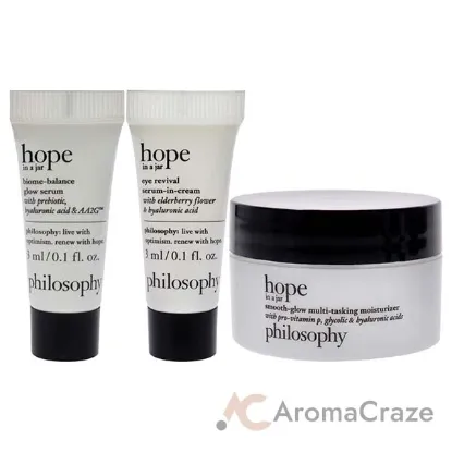 Picture of Hope In A Jar Hydrate Smooth and Glow Mini Set by Philosophy for Unisex - 3 Pc 0.5oz Smooth-Glow Multi-Tasking Moisturizer, 0.1oz Eye Revival Serum-in-Cream, 0.1oz Biome-Balance Glow Serum