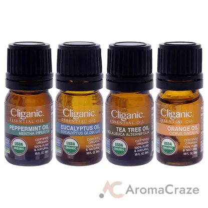 Picture of Organic Aromatherapy Set by Cliganic for Unisex - 4 Pc 0.016oz Oil - Peppermint, 0.016oz Oil - Eucalyptus, 0.016oz Oil - Tea Tree, 0.016oz Oil - Orange