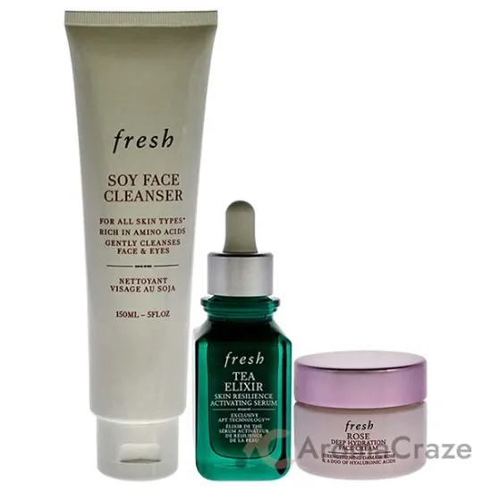Picture of Resilient Hidrated Skin Trio by Fresh for Women - 3 Pc 5oz Soy Face Cleanser, 1oz Elixir Skin Resilience Activating Serum - Tea, 0.5oz Deep Hidration Face Cream - Rose
