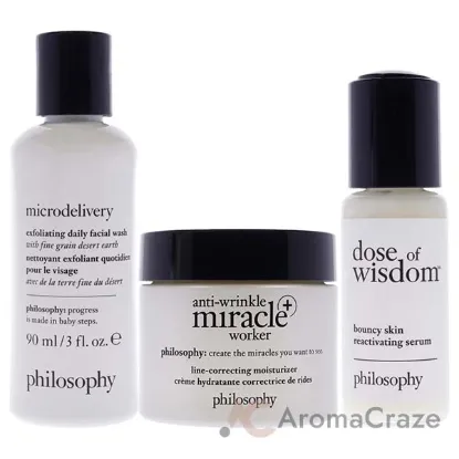 Picture of The Best Is Yet To Come Holiday Set by Philosophy for Unisex - 3 Pc Gift Set 3oz Microdelivery Exfoliating Daily Facial Wash, 1oz Dose Of Wisdom Bouncy Skin Reactivating Serum, 2oz Anti-Wrinkle Miracle Worker Line-Correcting Moisturizer