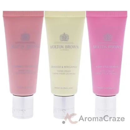 Picture of Floral and Spicy Hand Care Set by Molton Brown for Unisex - 3 Pc 1.3oz Fiery Pink Pepper Hand Cream, 1.3oz Orange and Bergamot Hand Cream, 1.3oz Heavenly Gingerlily Hand Cream