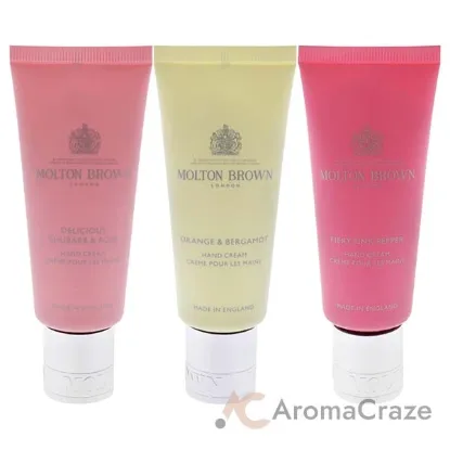 Picture of Floral and Spicy Hand Care Collection Set by Molton Brown for Unisex - 3 Pc 1.4oz Delicious Rhubare and Rose Hand Cream, 1.4oz Orange and Bergamot Hand Cream, 1.4oz Fiery Pink Pepper Hand Cream