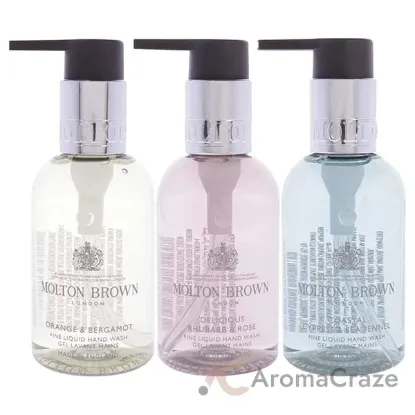 Picture of Floral and Aromatic Hand Care Collection Set by Molton Brown for Unisex - 3 Pc 3.3oz Orange and Bergamot Hand Wash, 3.3oz Delicious Rhubare and Rose Hand Wash, 3.3oz Coastal Cypress and Sea Fennel Hand Wash