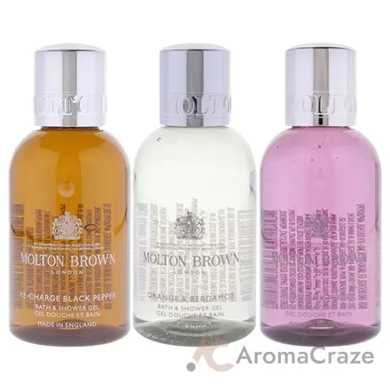 Picture of Spicy and Cytrus Body Care Collection Set by Molton Brown for Unisex - 3 Pc 3.3oz Re-Charge Black Pepper Bath and Shower Gel, 3.3oz Orange and Bergamot Bath and Shower Gel, 3.3oz Fiery Pink Pepper Bath and Shower Gel