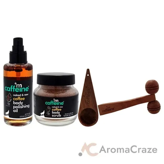 Picture of Coffee De-stress Gift Kit by mCaffeine for Unisex - 4 Pc 3.38oz Naked and Raw Coffee Body Polishing Oi, 3.5oz Naked and Raw Coffee Body Scrub - Coconut, Brew Scoop, Wooden Massager