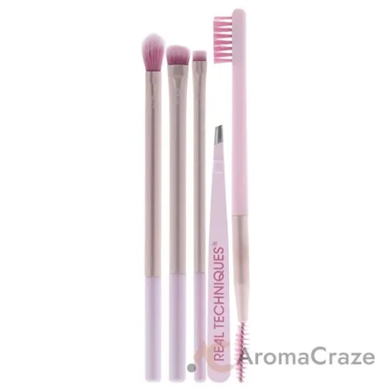 Picture of Naturally Beautiful Eye Set by Real Techniques for Women - 5 Pc Tapered Shadow Brush - 355, Brow Highlighter Brush - 354, Flat Liner Brush - 326, Brow Duo Brush - 353, Fine Point Tweezer