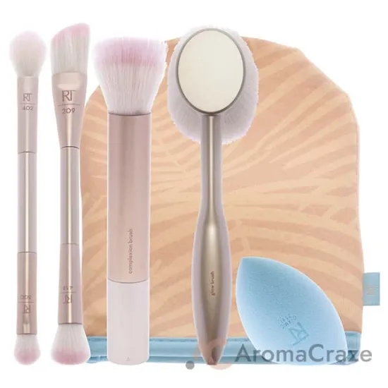 Picture of Endless Summer Makeup Brush Set by Real Techniques for Women - 8 Pc Foundation Brush - 209, Highlighter Brush - 413, Setting Brush - 402, Deluxe Crease Brush - 300, Glow Brush - 248, Complexion Brush - 247, Sunless Tanning Mitt
