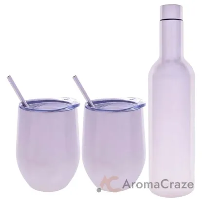 Picture of Stainless Steel Insulated Wine Tumbler and Wine Bottle - Silver by Chillout Life for Unisex - 3 Pc 2 x 12oz Stainless Steel Wine Tumbler, 2 Stainless Steel Straw, 2 Crystal Clear Splash Proof Lid, 2 Silicone Straw Tips, Straw Cleaning Brush, 25oz Stainless Steel Wine Bottle