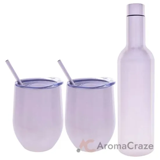 Picture of Stainless Steel Insulated Wine Tumbler and Wine Bottle - Silver by Chillout Life for Unisex - 3 Pc 2 x 12oz Stainless Steel Wine Tumbler, 2 Stainless Steel Straw, 2 Crystal Clear Splash Proof Lid, 2 Silicone Straw Tips, Straw Cleaning Brush, 25oz Stainless Steel Wine Bottle