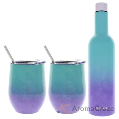 Picture of Stainless Steel Double Wall Wine Tumbler and Wine Bottle - Mermaid Sparkle by Chillout Life for Unisex - 3 Pc 2 x 12oz Stainless Steel Wine Tumbler, 2 Stainless Steel Straw, 2 Crystal Clear Splash Proof Lid, 2 Silicone Straw Tips, Straw Cleaning Brush, 25oz Stainless Steel Wine Bottle (Empty)