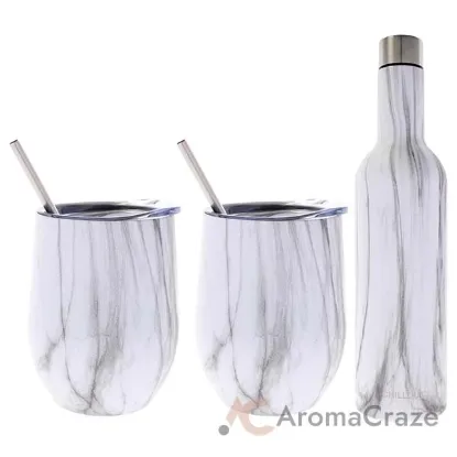 Picture of Stainless Steel Double Wall Wine Tumbler and Wine Bottle - Carrara Marble by Chillout Life for Unisex - 3 Pc 2 x 12oz Stainless Steel Wine Tumbler, 2 Stainless Steel Straw, 2 Crystal Clear Splash Proof Lid, 2 Silicone Straw Tips, Straw Cleaning Brush, 25oz Stainless Steel Wine Bottle (Empty)