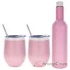 Picture of Stainless Steel Double Wall Wine Tumbler and Wine Bottle - Rose Gold by Chillout Life for Unisex - 3 Pc 2 x 12oz Stainless Steel Wine Tumbler, 2 Stainless Steel Straw, 2 Crystal Clear Splash Proof Lid, 2 Silicone Straw Tips, Straw Cleaning Brush, 25oz Stainless Steel Wine Bottle (Empty)